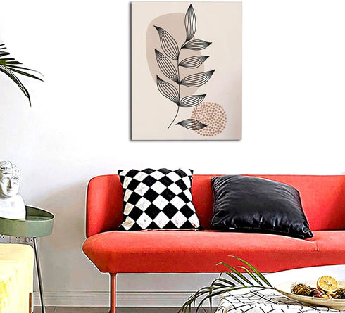 Boho Canvas Wall Art Botanical Floral Plant Painting Abstract Minimalist Geometric Large Wooden Wall D©cor Mid Century Poster Framed Artwork for Living Room Bedroom Bathroom 20x16 inch