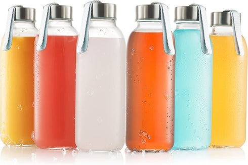 glass bottles 6 Pack 16oz - glass drinking bottles for Beverage and Juice - water bottle glass with stainless Steel Caps with Carrying Loop - Leak-Proof Lid