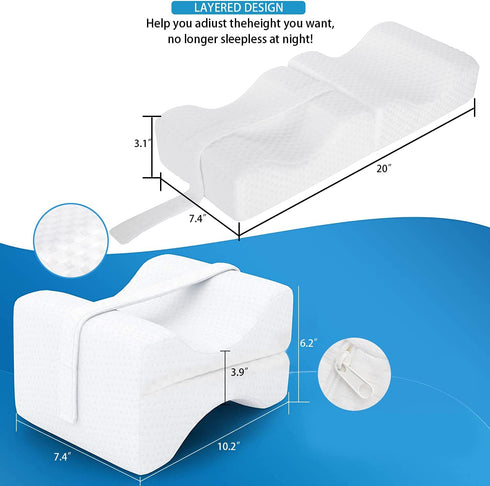 Adjustable Leg & Knee Memory Foam Pillow with Layered Design for Orthopedic ,Sciatica, Back Pain, Spine Pain, Leg Pain, Hip Joint Pain Relief, Knee Pillow with Washable & Breathable Cover
