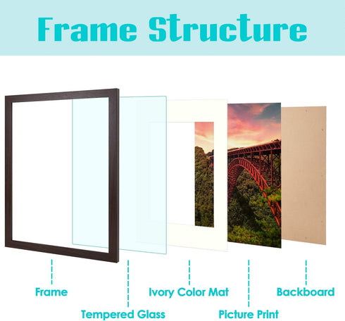 Frametory, 12x16 Picture Frame - Made to Display Pictures 8.5x11 Photo with Ivory Color Mat - Wide Molding - Built in Hanging Features - Wall Mounting Hardware (12x16, Walnut)