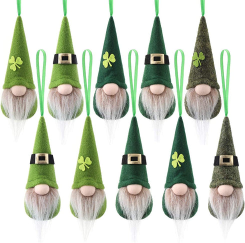 St Patrick Day Hanging Gnome Ornaments Set of 10, Irish Gnomes Handmade Leprechaun Elf Tomet DecorationsSpring Gnome Lucky Clover Hanging Ornament