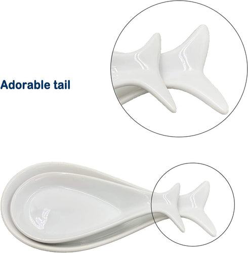 Fish Spoon Rest Ceramic for Kitchen Set of 2, White