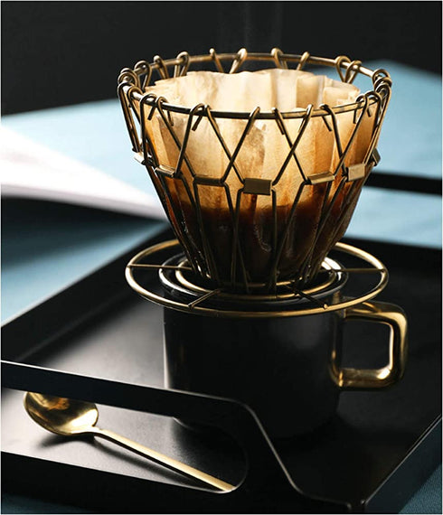 XIEHE Camping Coffee Dripper Stainless Steel Collapsible Folding Coffee Dripper Foldable Use for Outdoors Travel Lightweight Resuable Coffee Filter (Gold)