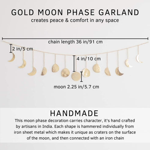Moon Phase Wall Hanging Handmade Hammered Gold Metal 13 Moons 36" Garland, Boho Home Decor for Bedroom, Celestial Art Phases Bohemian Decoration Astrology Aesthetic for Above the Bed or Living Room