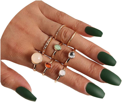 8Pcs Boho Opal Stone Joint Knuckle Rings Set Stackable Midi Finger Rings Gem Stone Stacking Rings Set for Women Teen Girls