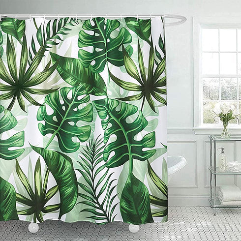 SOFJAGETQ Tropical Banana Leaves Digital Printing Fabric Shower Curtain for Bathroom, White Green Fall Shower Curtain Set, 72 x 72 inches Long, with Free Hooks