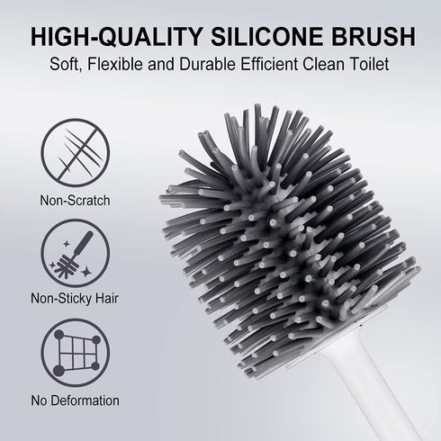 TRENTI Toilet Brush with Holder 2 Pack, Silicone Toilet Brush Set with Ventilated Holder and Long Ergonomic Handle, Flexible Silicone Toilet Brushes for Bathroom