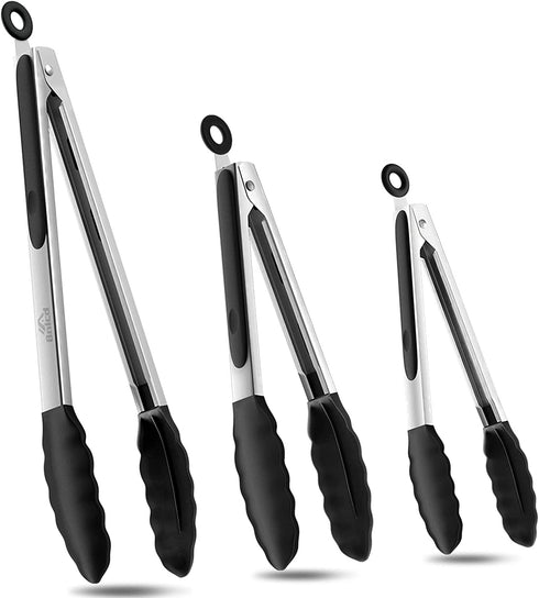 Bnlcd Kitchen Tongs, Premium Stainless Steel Locking Cooking Tongs with Silicone Tips, Non-Slip Food Tongs for Cooking, Heavy Duty, Non-Stick, 480?, Set of 3-7" 9" and 12" Black