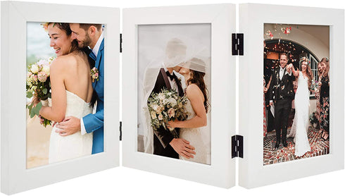 Golden State Art, 5x7 Triple Picture Frame Hinged Photo Frame Three Folding Wedding Frames Collage with Glass (5x7 Triple, White)
