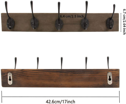 2 Packs Coat Hooks Wall Mounted, BEIUTAO Wooden Board Coat Rack with 5 Vintage Black Wall Hooks, Hat Hooks Heavy Duty, Can Hang Coats, Hats, Towels, Wallets, Keys, Scarves,ect.