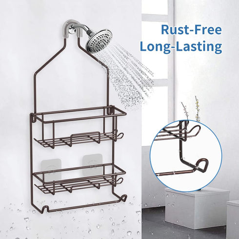 Shower Caddy Hanging over Shower Head Rust Roof Shower Organizer with 10 Hooks for Razor Shampoo Holder Bathroom Shower Rack Storage Shelf with Towel Bar Bronze