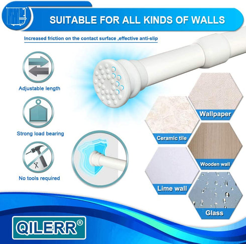 QILERR Spring Tension Rod 33-59 Inches Adjustable Tension Curtain Rod Easy to Install Extension Curtain Rod for Windows, Bathroom, Kitchen, Doorway, White