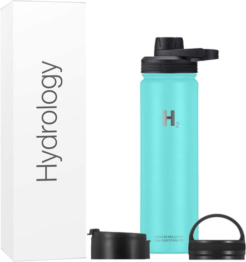 H2 Hydrology Adventure Water Bottle with 3 LIDS | Double Wall Vacuum Insulated Stainless Steel Wide Mouth | Sports Hot & Cold Leak Proof Sweat Free Thermos