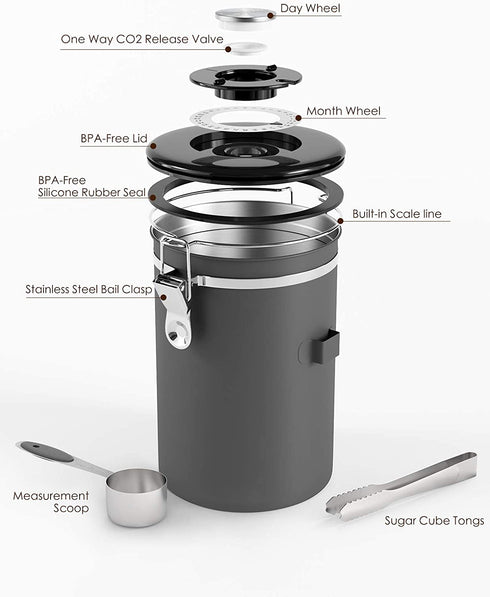 HAIOOU Airtight Coffee Canister, 22OZ Large Stainless Steel Coffee Bean Storage Container with Date Tracker, Measuring Scoop, CO2 Releasing Valves and Mini Tongs for Beans, Grounds and more - Gray