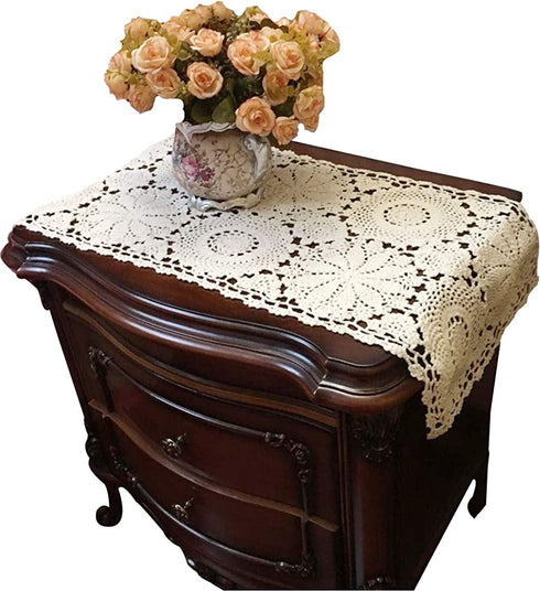 USTIDE 100% Cotton Crochet Lace Rectangular Table Runner Bedside Table Cover Ecru Dresser Scarf Doilies,2pcs 11 Inch X23 Inch