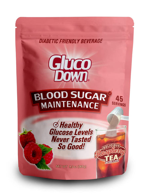 GLUCODOWN, Maintain Healthy Blood Sugar, Delicious Raspberry Tea Mix, Diabetic Friendly, 45 Servings, 1 Resealable Package.