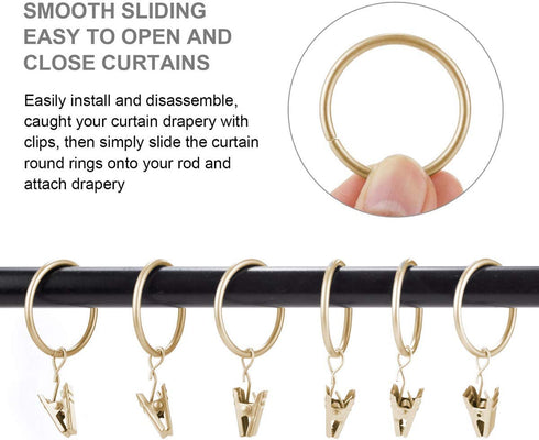 Fivebop 40 Pack Rings Curtain Clips Rustproof Metal Window Drapery Clip Vintage Heavy Duty Eyelet Curtain Rods Hangers Rings with Hooks, 1.25In Inner Diameter(Golden)