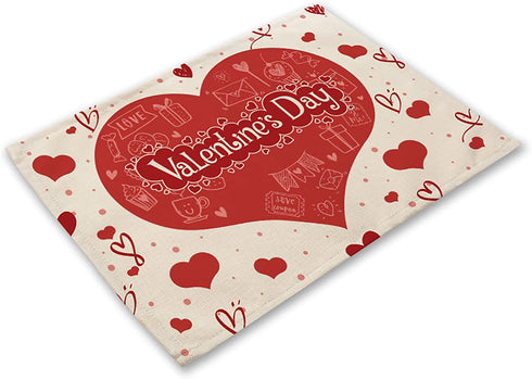Valentine's Day Placemats Set of 4 Washable Cotton Linen Heat Resistant Table Place Mats Happy Lover Romantic Rose Love Red Placemats for Holiday Banquet Dining Kitchen Table Decor (Valentine's Day)