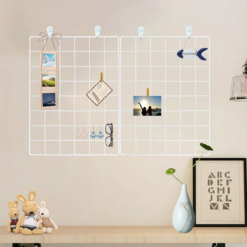 GBYAN Wall Grid 2 Pack Wire Photo Grid Panels Black Memo Board Wall Organizer (White)