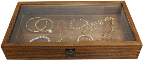 MOOCA Wood Glass Top Jewelry Display Case Accessories Storage, Wooden Jewelry Tray for Collectibles, Home Organization Box with Metal Clasp and Tempered Glass Top Lid, Brown