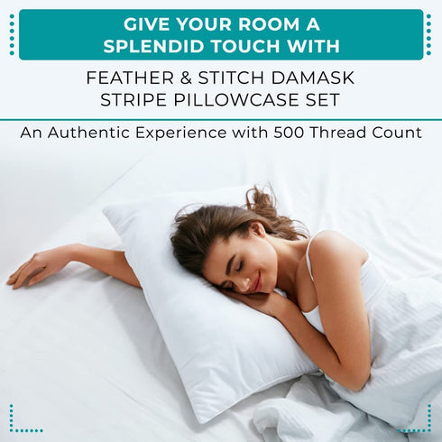 Feather & Stitch 2 Piece Pillowcase Set King Size Beige 100% Cotton Damask Stripe Pillow Cases 500 Thread Count 20x40 Inches Ultra Soft Luxury Sateen Weave Bed Pillow Covers
