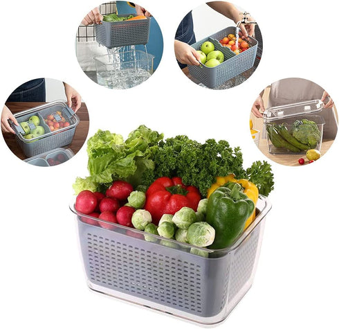 Fresh Produce Saver Container Mesh Sieve Storage Organizer Filter Basket Fresh Vegetable Fruit Draining Crisp Keep Vegetables Fresh Easy to Clean (Grey-1.7 L)