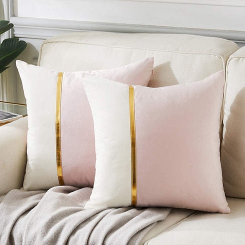 Fancy Homi 2 Packs Decorative Throw Pillow Covers 20x20 Inch for Living Room Couch Bedroom, Blush Pink and White Velvet Patchwork with Gold Leather, Luxury Modern Home Decor Cute Cushion Case 50x50 cm