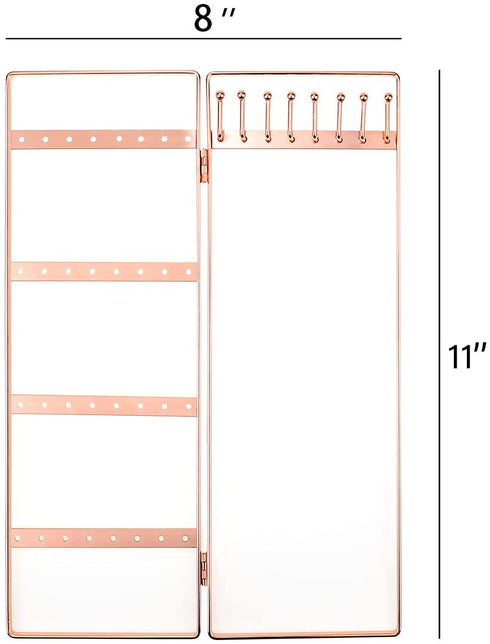 LEORISO 2-Panel Jewelry Organizer, Metal Jewelry Holder, Foldable Jewelry Hanger, Portable Jewelry Display Rack for Earrings, Necklaces & Bracelets (Rose Gold)