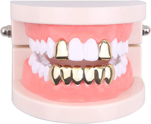 TSANLY Gold Grillz Mouth Teeth 24K Plated Gold Custom Fit Top & Bottom Set Caps Grillz for Women Gift + Extra Molding Bars + Microfiber Cloth