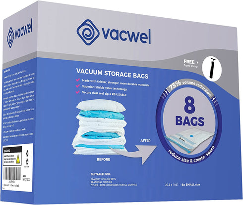 Vacwel Small Space Saver Vacuum Storage Bags for Clothes Storage. Vacuum Seal Bags for Clothing Storage, Linen Packing & Travel. Hand Pump + 8x Clothes Vacuum Storage Bags 28 x 20? (Small 8-Pack)