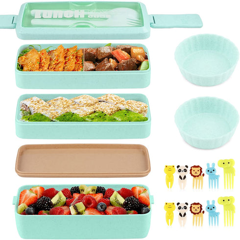 Bento Box Japanese Lunch Box Kit, HSYTEK Stackable Bento Boxes for Adult, Wheat Straw Bento Box with Utensils, Leakproof Lunch Container Kids Bento, Green Bento Box Microwave Safe -1000ml