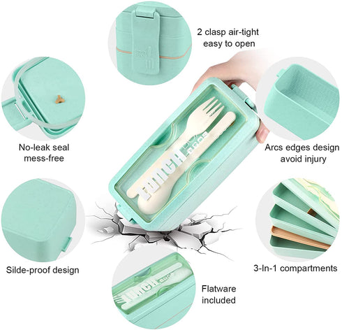 Bento Box Japanese Lunch Box Kit, HSYTEK Stackable Bento Boxes for Adult, Wheat Straw Bento Box with Utensils, Leakproof Lunch Container Kids Bento, Green Bento Box Microwave Safe -1000ml