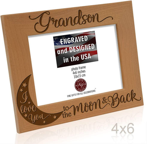 KATE POSH Grandson I Love You to The Moon and Back Engraved Wood Picture Frame, Grandma Grandpa Gifts, Christmas, Birthday, Mother's Day, Father's Day (4x6 Horizontal)