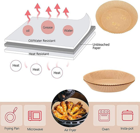 100 Pcs Air Fryer Disposable Paper Liner, 6.3 Inch Non-Stick Air Fryer Paper Liners, Baking Paper Food Grade Parchment, Oil-Proof Water-Proof Steamer Oil Paper for Roasting Microwave