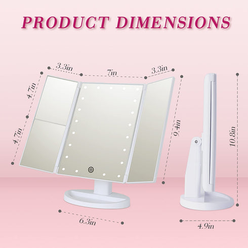 SHNAP Makeup Mirror with Lights, Touch Screen Vanity Mirror, 2X/3X Magnification, Dimmable 21Leds Trifold Mirror, Dual Power Supply, 180° Rotation, Portable Cosmetic Light Up Mirror with Gift Box