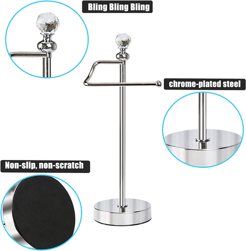 ROLABAM Towel Rack (with Crystal Finial) Hand Towel Holder Stand Total Height 15.7" for Bathroom Vanity Countertop, Kitchen, Steel Towel Holder Stand , Chrome