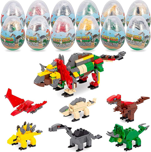 Filled Easter Eggs with Dinosaurs Building Blocks, 12PCS Eggs Toys for Kids,Party Suprise Toys in Basket Filler, Classroom Prize Toys
