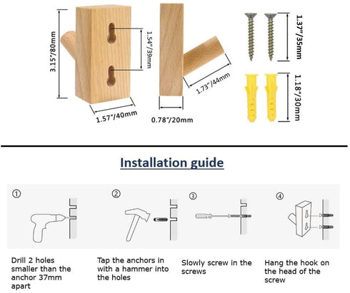 Wood Wall Hooks - Pack of 4 Decorative Wall Hooks for Hanging Coats - Perfect Backpack Hanger, Hat Hooks for Wall - Each Heavy Duty Wooden Wall Hook Holds 6lbs-33lbs (Beech, 4Pack)