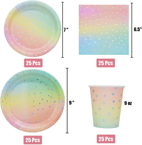 Sliver Dot Disposable Paper Party Plates Set 25 Dinner Plates, 25 Dessert Plates, 25 Cups, 25 Napkins, 25 Straws Dinnerware Set for Birthday Baby Shower Wedding Rainbow Party - Serves 25