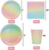 Sliver Dot Disposable Paper Party Plates Set 25 Dinner Plates, 25 Dessert Plates, 25 Cups, 25 Napkins, 25 Straws Dinnerware Set for Birthday Baby Shower Wedding Rainbow Party - Serves 25
