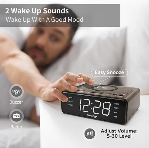 REACHER Alarm Clock Radio with Wireless Charging & USB Charger, Large LED Dimmable Display, 2 Wake Up Sounds, Adjustable Volume, FM Radio, Sleep Timer, Battery Backup for Bedroom, Office (Wood Grain)