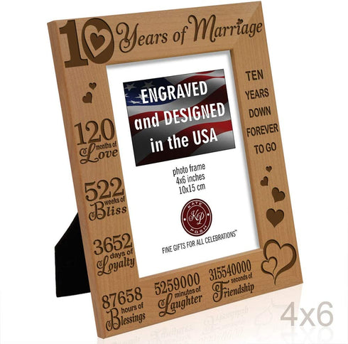 KATE POSH - Our 10th Wedding Anniversary Picture Frame, 10th, 10 Years Anniversary, 10 Years of Marriage, 120 Months of Love - Engraved Natural Wood Picture Frame (4x6-Vertical)