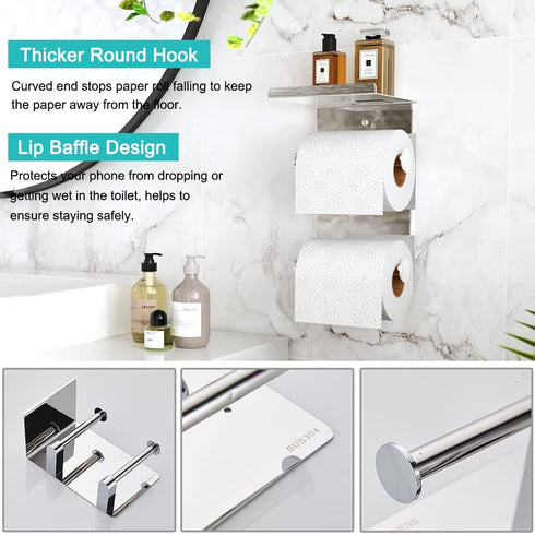FANHAO Adhesive Toilet Paper Holder, Double Roll Toilet Tissue Holder with Shelf for Bathroom Kitchen, 3M Self Adhesive No Drilling or Wall-Mounted, SUS304 Stainless Steel Polished