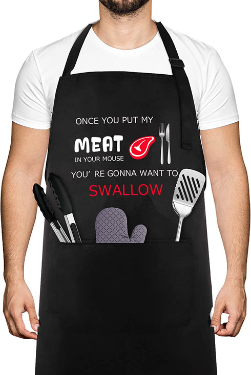 Funny Apron, BBQ Grill Apron with 2 Pockets, Funny Aprons for Men, Women, One Size Fits All, Cooking Aprons, Personalized Apron, BBQ Gift Apron for Father, Christmas Gift - Once You Put My Meat In