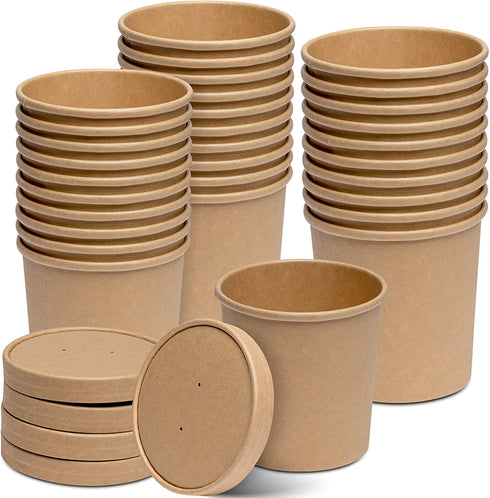 16 oz. Paper Food Containers With Vented Lids, To Go Hot Soup Bowls, Disposable Ice Cream Cups, Kraft - 25 Sets