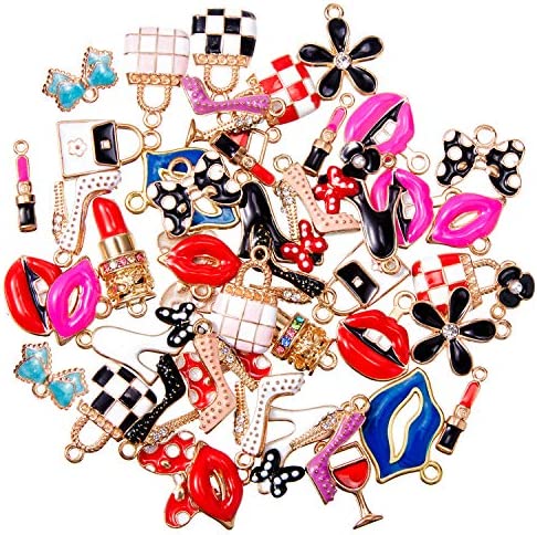 50 Pieces Women's Makeup Lip Lipstick Charms Gold Plated Enamel High Heels Wallet Flower Bow Charm Pendant for DIY Jewelry Necklace Bracelet Earrings Making