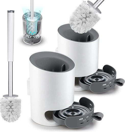 Toilet Brush and Holder Set 2 Pack, Domi-patrol Toilet Bowl Brush and Holder White, Hard Bristles Toilet Cleaning Brushes for Bathroom with Holder, Anti Rust Handle Toilet Scrubber Wall Mounted