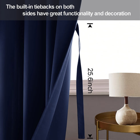 ROSETTE Blackout Curtains for Bedroom - Thermal Insulated Room Darkening Noise Reducing, 42 x 63 Inch Length Curtains for Living Room, Set of 2 Panels with Tiebacks, Navy Blue