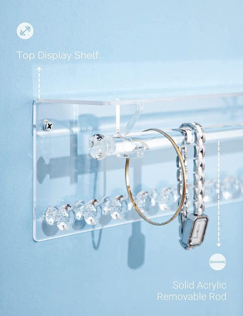 Acrylic Necklace Holder with Shelf, 12 Diamond Shape Hooks and Removable Bracelet Rod, Wall Mounted Jewelry Organizer Hanging Necklace Organizer Wall Jewelry Rack