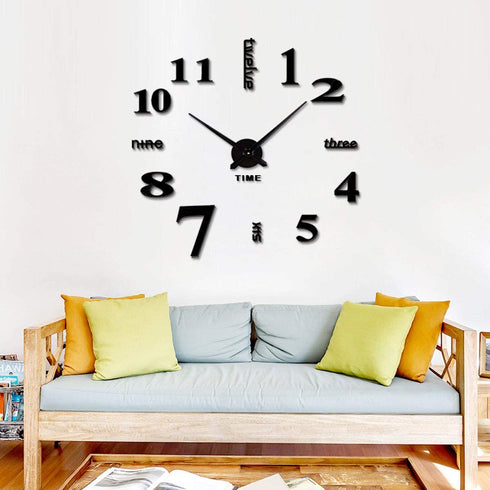 Lumuasky DIY Wall Clock, Large 3D Mirror Stickers Numbers Modern Silent Decorative Clock for Living Room, Bedroom, Home, Office, School (Black)